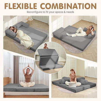 Convertible Sofa Bed,5-in-1 Tri-Fold Boneless Couch with Removable Armrests & Handle,Corduroy Futon Sleeper Sofa,Floor Folding Mattress Pull Out Bed for Small Space Apartment Living Room Bedroom
