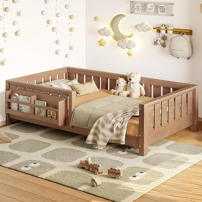 Bellemave Twin Floor Bed with Rails and Slats, Twin Size Montessori Floor Bed with Bookshelf and Fence, Easy Assemble Montessori Beds Frame for Girls, Boys, Natural
