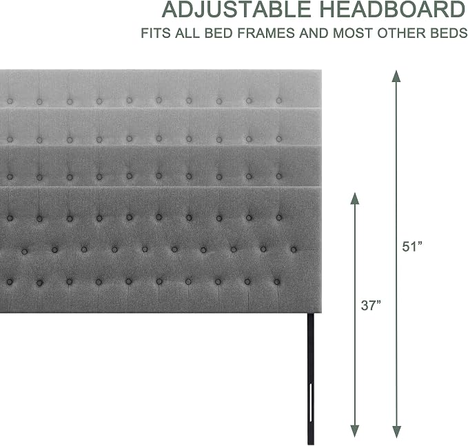 Tufted Upholstered Headboard Queen Size, Adjustable Height 37- 51 in, Gray | Sturdy and Durable Solid Wood Bed Headboard, Fabric Queen Headboard Only, Modern Button Diamond Design Head Board