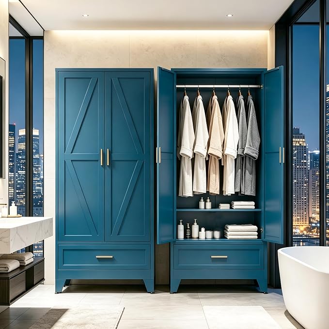 71" H Blue Closet,Armoire Wardrobe Closet,Metal Wardrobe Closet with Doors and Shelves,Large Wardrobe Closet for Bedroom