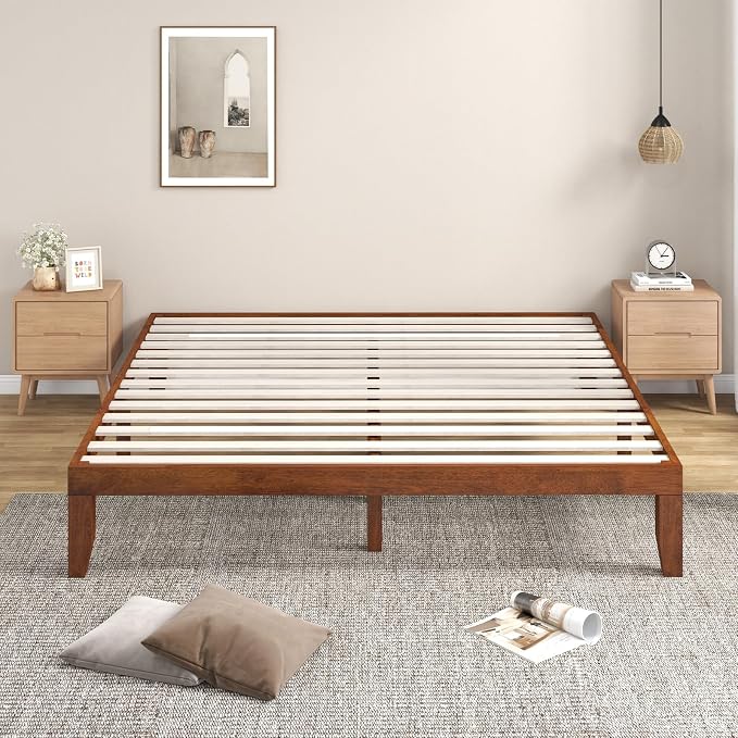 COSTWAY Wood Platform Bed Frame, 14 Inches Solid Rubber Wood Bed Mattress Foundation with Sturdy Slats Support, Easy Assembly Bed Frame for Home Hotel, No Box Spring Needed (Walnut, King)