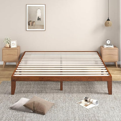 COSTWAY Wood Platform Bed Frame, 14 Inches Solid Rubber Wood Bed Mattress Foundation with Sturdy Slats Support, Easy Assembly Bed Frame for Home Hotel, No Box Spring Needed (Walnut, King)