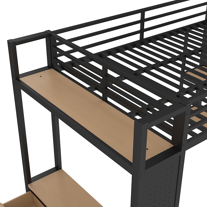Bellemave Full Size loft Bed with Wardrobe and Storage Shelves and Pegboard Drawers, Metal Full Loft Bed Frame for Adults, Kids, Teens, Black