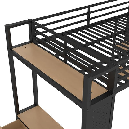 Bellemave Full Size loft Bed with Wardrobe and Storage Shelves and Pegboard Drawers, Metal Full Loft Bed Frame for Adults, Kids, Teens, Black