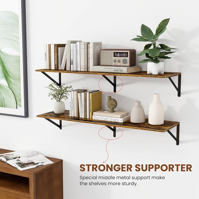 Heimlove Deep Floating Shelves for Wall, 40W x 12D Wood Wall Shelves Set of 2, Wide Floating Bookshelf for Living Room, Kitchen, Office, Bedroom and Decor Storage, with Metal Bracket - Rustic Brown