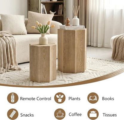 Nesting Coffee Table Set of 2,Modern Nesting Tables for Living Room,Octagonal End Table and Side Table Set,Wooden Center Table for Small Spaces,Plant Stand for Balcony,Fully Assembly,Natural Finish.