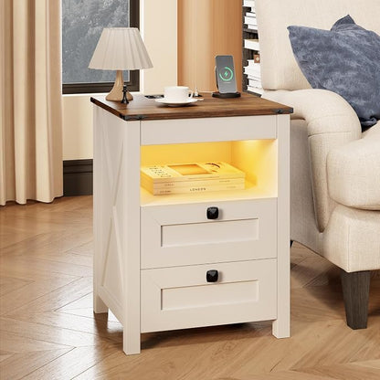 TAGELIER Farmhous Nightstand with Gun Drawer,Bedside Table with Charging Station, Gun Night Stand with LED Light & Human Sensor,Smart End Table for Bedroom, Antique White