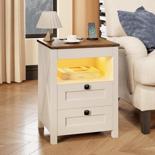 TAGELIER Farmhous Nightstand with Gun Drawer,Bedside Table with Charging Station, Gun Night Stand with LED Light & Human Sensor,Smart End Table for Bedroom, Antique White