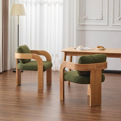 Christopher Knight Home Yorick Modern Boucle Dining Chair Set of 2 with Cushion, Solid Wood Dining Room Armchair Set, Curved Backrest Kitchen Side Chair, Living Room Comfy Extra Seat, Natural+Green