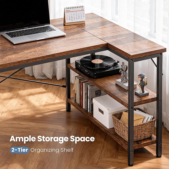 DUMOS 47 Inch L Shaped Computer Desk Gaming Furniture Corner Desks Home Office PC Table with Reversible Storage Shelves for Writing Working Study Bedroom Dorm, Rustic Brown