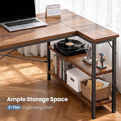 DUMOS 47 Inch L Shaped Computer Desk Gaming Furniture Corner Desks Home Office PC Table with Reversible Storage Shelves for Writing Working Study Bedroom Dorm, Rustic Brown