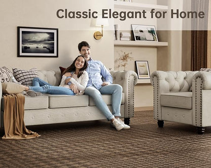 Morden Fort Classic Chesterfield Sofa Set 82'', Tufted Sofa for Couch Set with Solid Wood Legs Thick Cushion, Pet-Friendly Deep Seat Sofas Couches for Living Room Bedroom Apartment - Linen Beige
