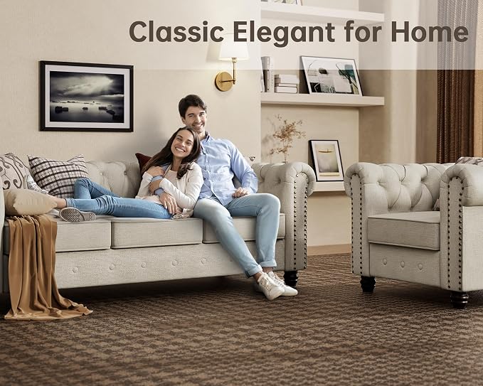 Morden Fort Classic Chesterfield Loveseat Set 60'', Tufted Loveseat Sofa Set with Solid Wood Legs Thick Cushion, Pet-Friendly Deep Seat Sofa Couch for Living Room Bedroom Apartment - Linen Beige