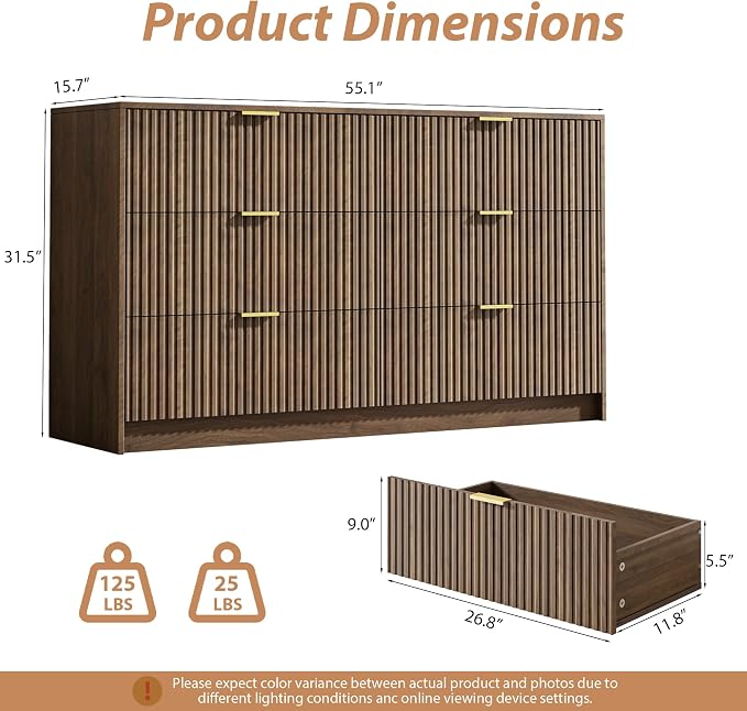 MAISONARIA 3-Piece Dresser Bedroom Set, 6 Drawer Dresser & 3 Drawer Nightstands with Gold Handles, Fluted Wood Chest of Drawers for Bedroom, Living Room, Entryway,Walnut