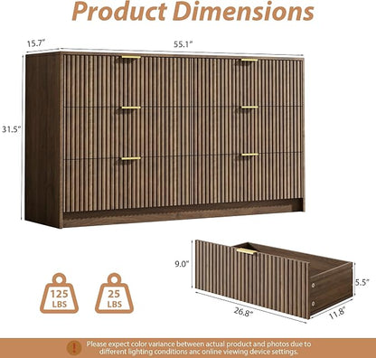 MAISONARIA 3-Piece Dresser Bedroom Set, 6 Drawer Dresser & 3 Drawer Nightstands with Gold Handles, Fluted Wood Chest of Drawers for Bedroom, Living Room, Entryway,Walnut