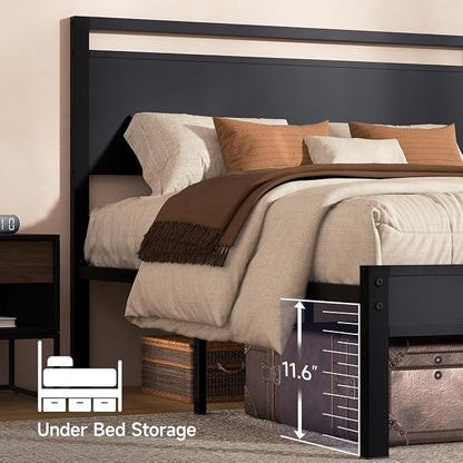 Z-hom Full Metal Bed Frame with Wooden Headboard and Footboard, Heavy Duty Platform Frame with Metal Slats, No Box Spring Needed, Quiet and Non-Slip Design, Space Saving Bed Frame for Bedroom,Black