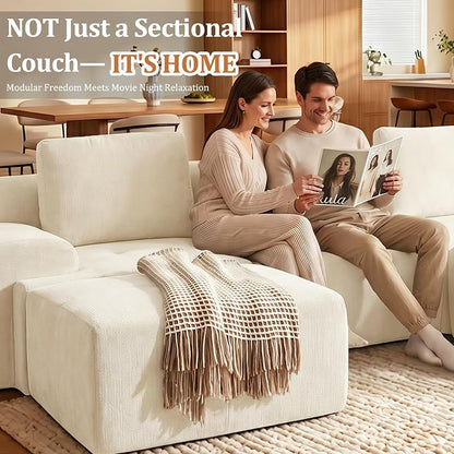 122" L Shaped Oversized Boneless Couch, Comfort Cloud Sectional Couches for Living Room, Modular Sofa High Back & Extra Deep Seat, No Assembly, Chenille (Warm White, 122 inch-L Shaped（3+1）)