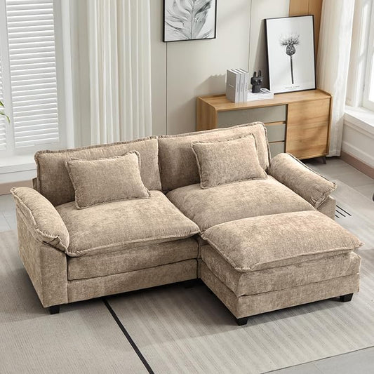 Oprisen 86" Modular Sectional Sofa, Comfy Cloud Couch Sectional Sofa with Ottoman, Chenille Sofa Sleeper Deep Seat Sofa with Throw Pillows for Living Room (Khaki, 86"- L Shape)