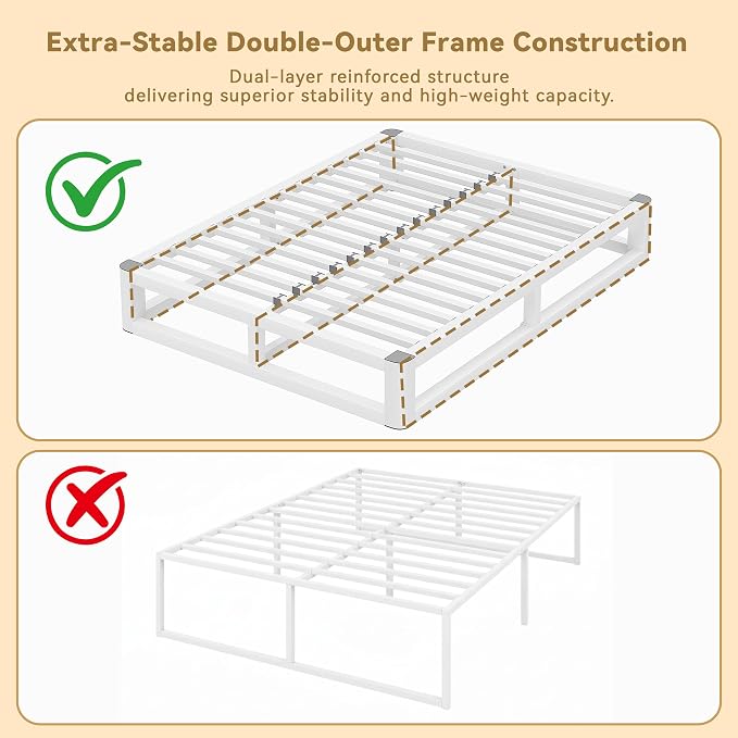 10 Inch Queen Bed Frame with Rounded Corner and Squeak Free U-Slot Design, Metal Platform Bed Frames 6 Non-Slip Guards, 3500lbs Heavy Duty Steel Slat Support, No Box Spring Needed, White