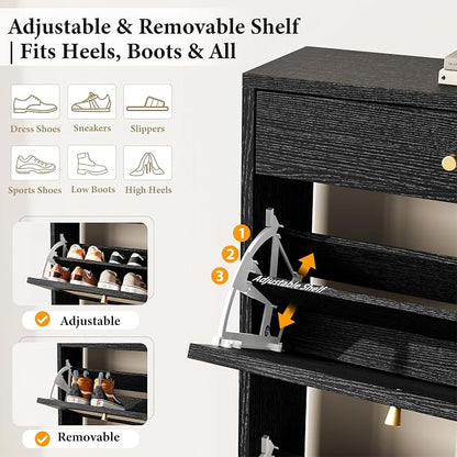 Nicetree Shoe Cabinet for Entryway, Slim Shoe Rack with 2 Flip Drawers and Top Storage Drawer, Narrow Shoe Organizer with Printed Rattan-Look Design, Entryway Shoe Storage for Size 12 Shoes, Black