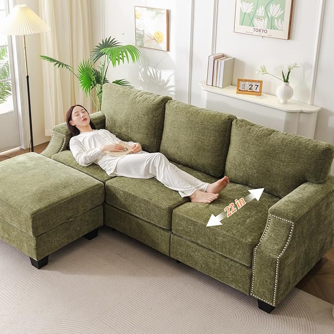 Rexulqo 85'' L Shaped Couch with Armrest Organizer,3 Seats Sofas with Storage Ottoman,Comfy Sectional Sofa with Thick Cushion,Chenille Sectional Couches for Living Room,Bedroom,Apartment,Green