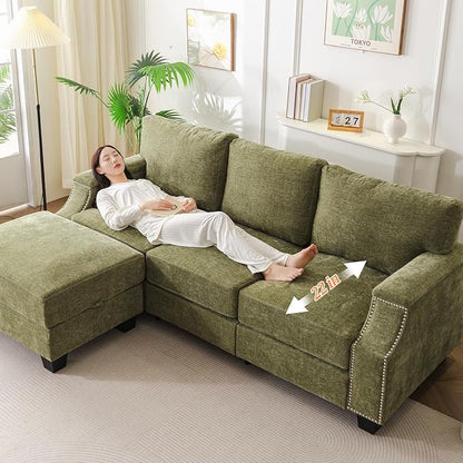 Rexulqo 85'' L Shaped Couch with Armrest Organizer,3 Seats Sofas with Storage Ottoman,Comfy Sectional Sofa with Thick Cushion,Chenille Sectional Couches for Living Room,Bedroom,Apartment,Green