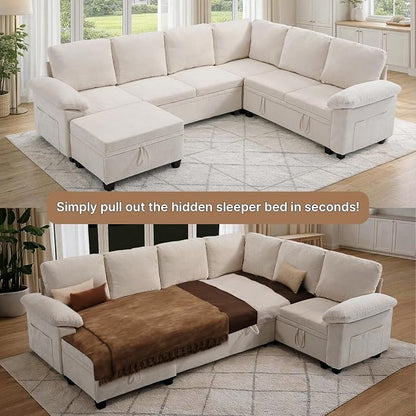 108" Modular Sectional Sofa Bed with Storage, L Shaped Pull Out Couch, Removable Chenille Sofa Cover for Living Room(Beige, 7 Seat)