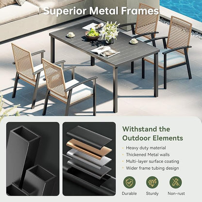 Aoxun 5-Piece Patio Table and Chairs Set for 4 with Umbrella Hole, Outdoor Dining Set with 6 Wicker Chairs and 1 Rectangular Metal Table, Patio Dining Sets with Soft Cushion for Backyard, Garden