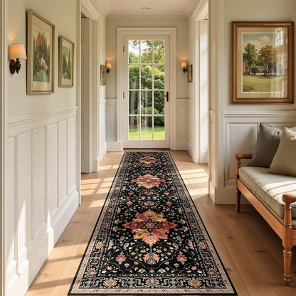 RELEANY Area Rugs Runner 2'x7' Washable Non-Slip, Floral Vintage Distress Medallion Carpet for Kitchen Hallway Bedroom Beside Laundry Room Bathroom, Black Colorful Floral Dark Tan