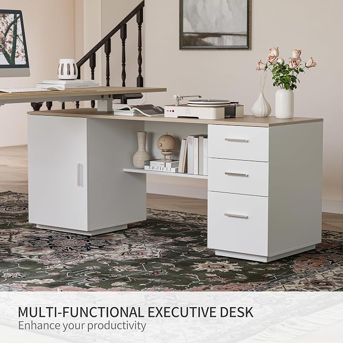FEZIBO L-Shaped Standing Desk with Drawers and Shelves, Electric Standing Desk Adjustable Height, Executive Computer Desk 63 inch Light Walnut