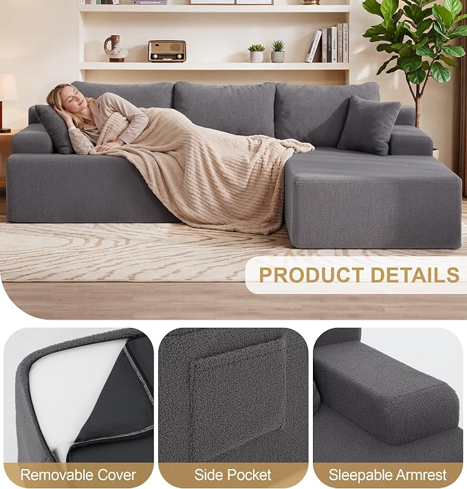 Hobestluk Modular Sectional Sofa Couches L-Shape Couch 3 Seat Modular Sofa Memory Foam Sectional Couches for Living Room, Cloud Couch with Oversized Chaise (Grey Smooth, 108", Right Hand Facing)
