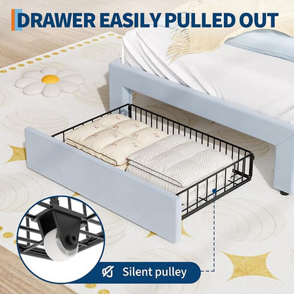 Garvee Twin Upholstered LED Bed Frame with Storage Drawer & Cute Cat Headboard, Velvet Princess Platform Bed Frame with Sturdy Wood Slats Support for Girls/Kids, No Box Spring Needed, Blue