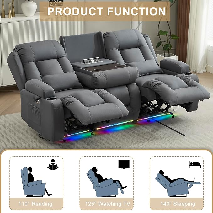 URRED Power Loveseat Recliner Sofa with Massage and Heat, Wall Hugger Reclining Loveseat with Console, RV Couch Home Theater Seating with LED Lights for Living Room (Blue Grey, 76.8" - 3 Seats)
