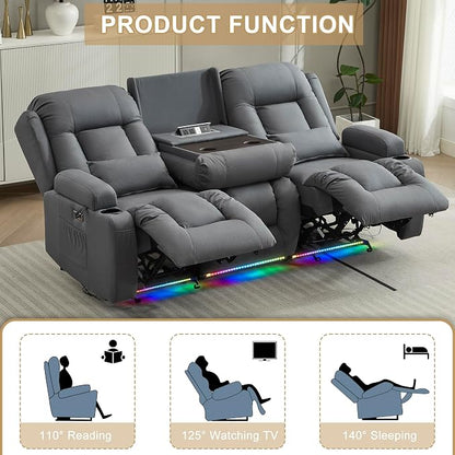 URRED Power Loveseat Recliner Sofa with Massage and Heat, Wall Hugger Reclining Loveseat with Console, RV Couch Home Theater Seating with LED Lights for Living Room (Blue Grey, 76.8" - 3 Seats)