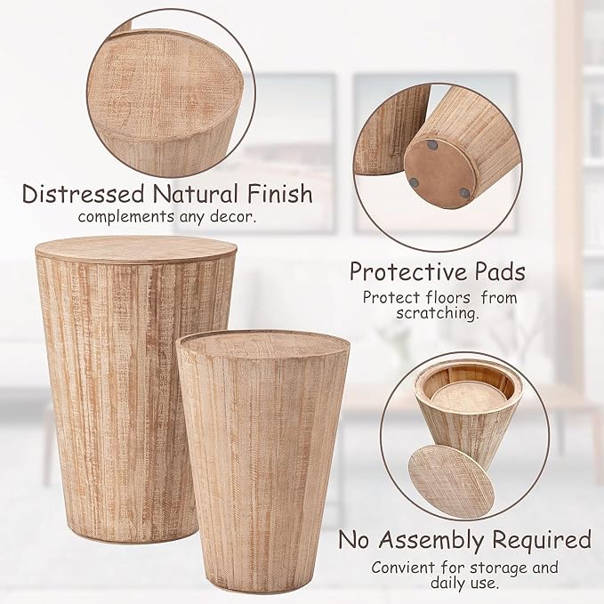 Aoikax Farmhouse Nesting Barrel Side Table, Fully Assembled, Natural | Rustic Space Saving Storage End Table Set, Natural Wood Finish