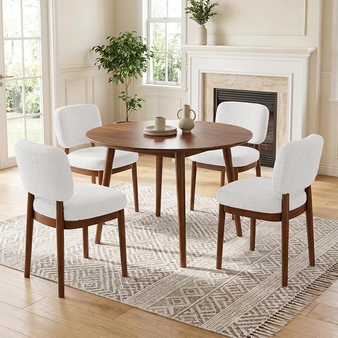 Wooden Dining Chairs Set of 4, Boucle Upholstered Kitchen Chairs with Solid Wood Legs, Mid Century Modern Dining Chairs, Farmhouse Side Chair with Hardwood Frame for Dining Room, White