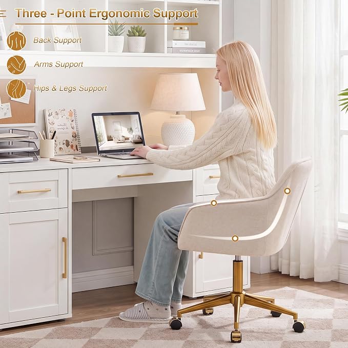 Zesthouse Vanity Chair with Wheels for Girl Women, Swivel Office Desk Chair | Beige Chenille Rolling Office Chair with Arms & Gold Base, Upholstered Fabric Desk Chair for Bedroom, Height Adjustable Chair