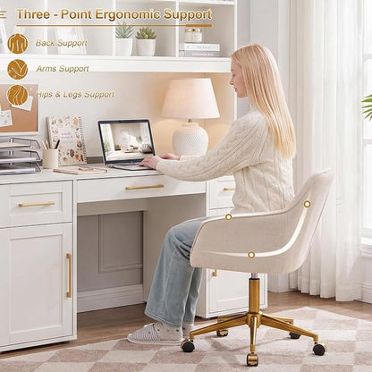Zesthouse Vanity Chair with Wheels for Girl Women, Swivel Office Desk Chair | Beige Chenille Rolling Office Chair with Arms & Gold Base, Upholstered Fabric Desk Chair for Bedroom, Height Adjustable Chair