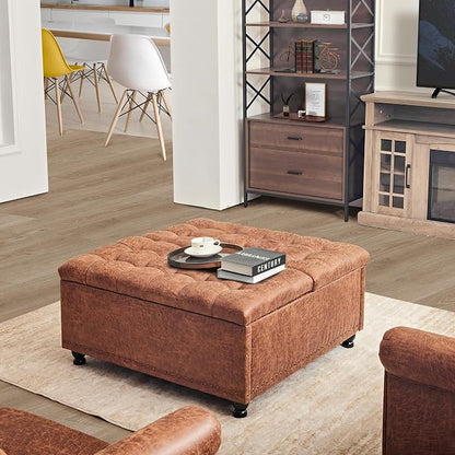 Redlife 35 Inch Large Square Storage Ottoman, Storage Ottoman Coffee Table with Lift Top Faux Leather Ottomans Square Footrest Oversized Upholstered Coffee Table for Living Room (Brown Leathaire)