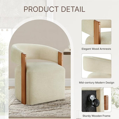 KISLOT Upholstered Dining Chair Set of 1, Barrel Modern Dining Room Chair with Casters, Kitchen Side Wooden Armchair with Fabric Cushion Seat for Bedroom, Livingroom, Reading Room, Sand, 1 Box