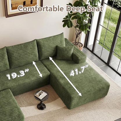 95" Cloud Sectional Couch U-Shaped Chaise with Ottoman, Corduroy Boneless Couch for Living Room Bedroom, Deep-Seat Upholstered Modular Cloud Sofa, No Assembly Required (Green, Right Facing Chaise)