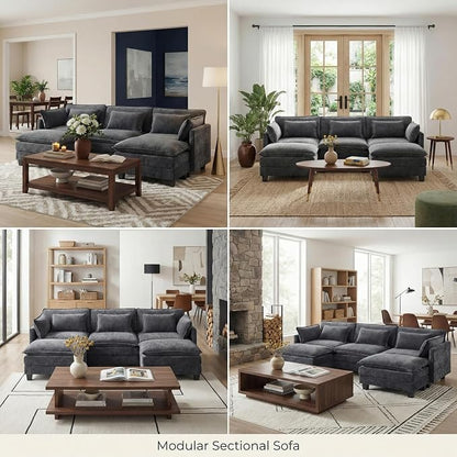Pipishell 110.6" Modular Sectional Sofa, U Shaped Cloud Couch with Movable Ottoman, 5-Seat Chenille Deep Seat Cloud Modular Sectional Sofa with Throw Pillows for Living Room & Apartment, Grey