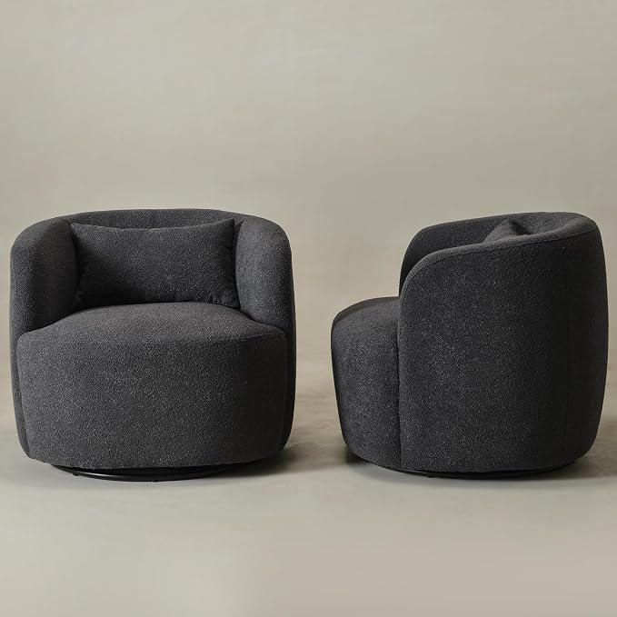 KINWELL 34" Wide Boucle Swivel Barrel Chairs Set of 2, No Assembly Round Upholstered Armchairs Accent Chairs Single Sofa Chair with Toss Pillow for Living Room and Bedroom, Dark Grey