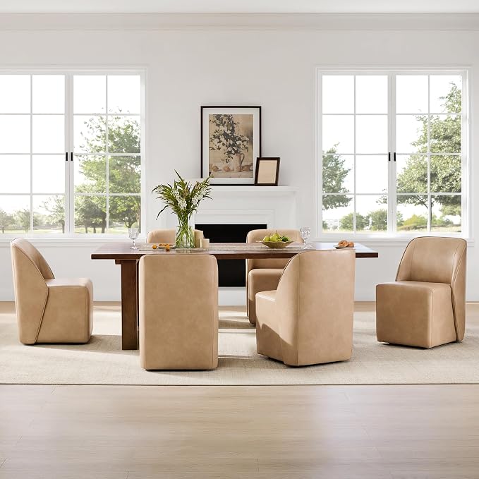 Watson & Whitely Leather Rolling Dining Chairs with Casters, Set of 2, Tan | Upholstered Seat, Removable Rollers, Modern Style, Armless Chairs for Dining Room, Living Room, Bedroom