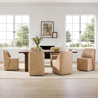 Watson & Whitely Leather Rolling Dining Chairs with Casters, Set of 2, Tan | Upholstered Seat, Removable Rollers, Modern Style, Armless Chairs for Dining Room, Living Room, Bedroom