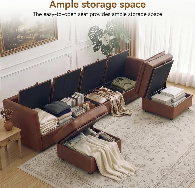 105" Brown Faux Leather Storage 4 Seater Sofa with 2 Ottomans, Comfy Couch | Convertible Modular Sectional Sofa, U Shaped Oversized Couch, Upholstered Large Cloud Couch For Living Room, Apartment.