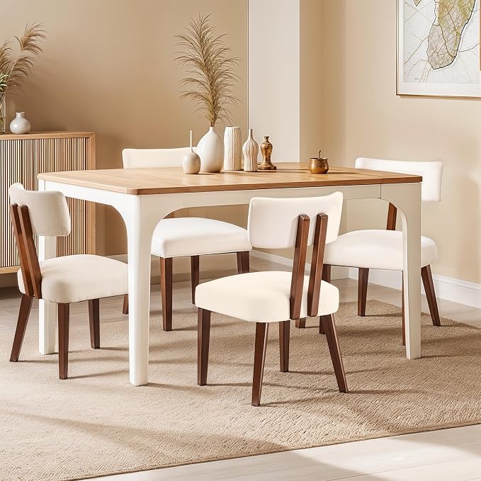 MOJAY Dining Chairs Set of 4, Mid Century Modern Kitchen Chair Linen Fabric Side Chairs with Curved Backrest for Kitchen, Dining Room, Restaurant, or Patio, Off-White