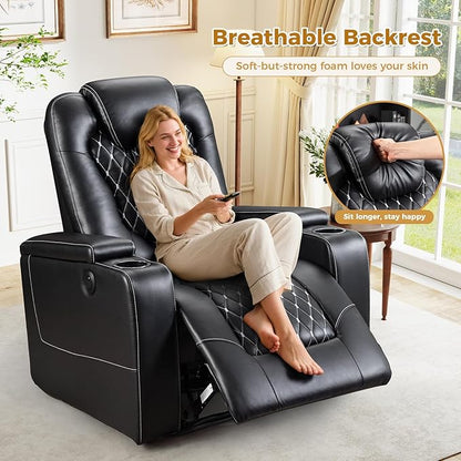 ANJ Power Recliner Chair Set of 3, Electric Soft Faux Leather Reclining Home Faux Theater Seating - USB Ports, Cup Holders, Hidden Arm Storage Movie & Media Room Chairs (Black)