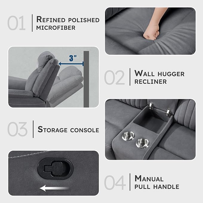 Lexicon Manual Double Reclining Loveseat, Polished Microfiber Manual Wall Hugger Loveseat Recliner for Living Room, Center Storage Console/Cup Holders, Easy Assembly, Gray