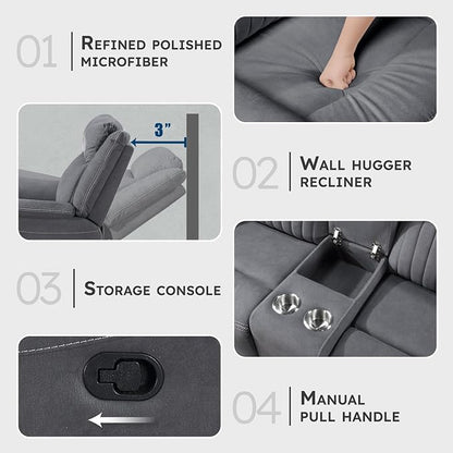 Lexicon Manual Double Reclining Loveseat, Polished Microfiber Manual Wall Hugger Loveseat Recliner for Living Room, Center Storage Console/Cup Holders, Easy Assembly, Gray